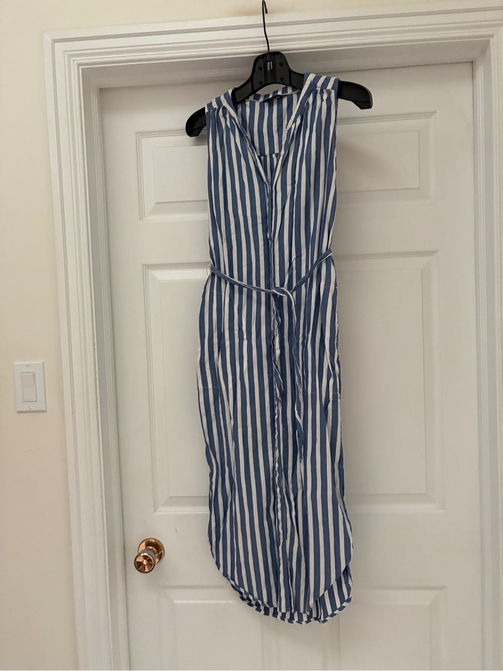 Denver Hayes Blue and White Vertical Stripe Midi Dress with Tie